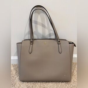 Tory Burch Taupe Saffiano Tote with Gold Logo